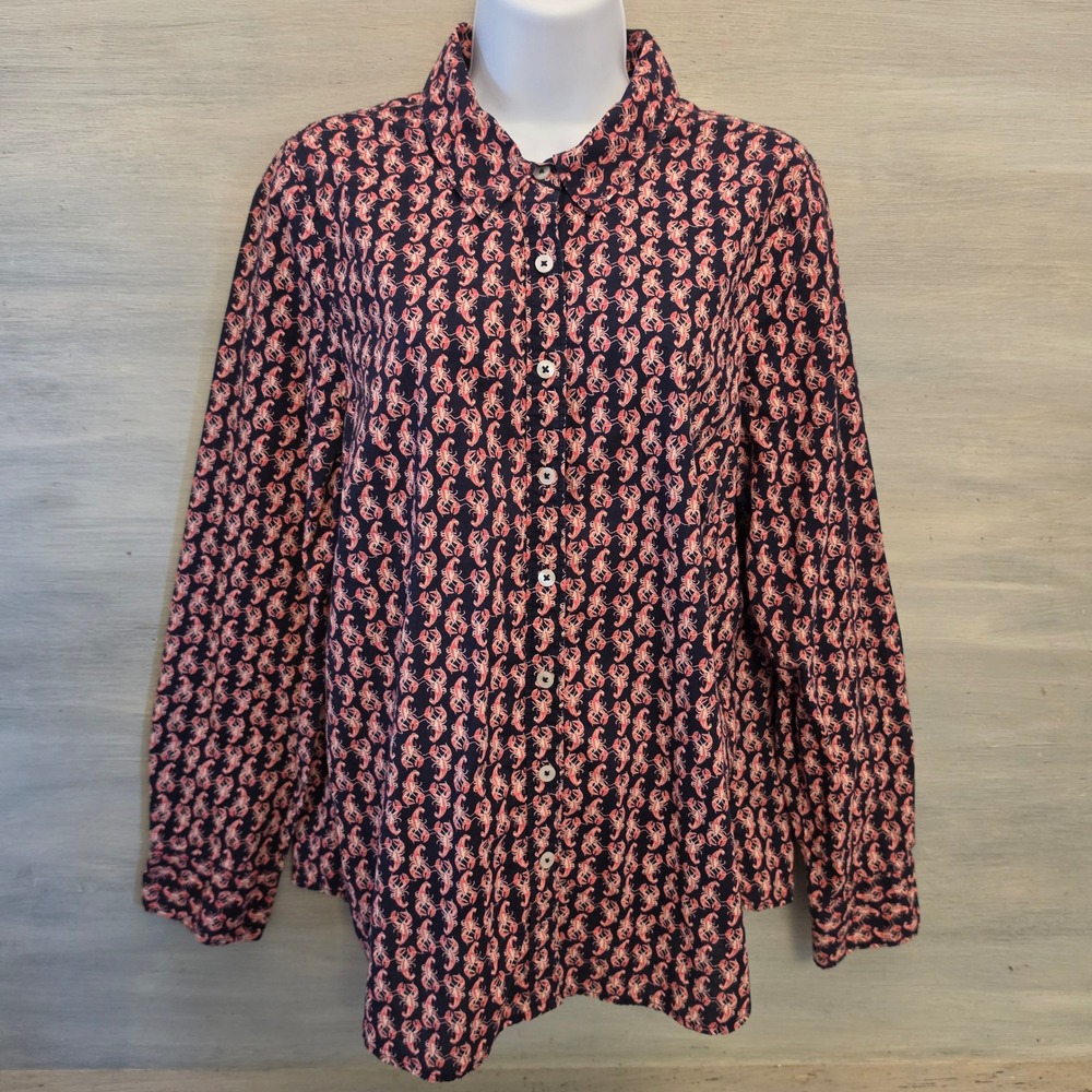 Crown & Ivy 100% Cotton Navy Red Lobster Print Button Down Shirt Size XL GC